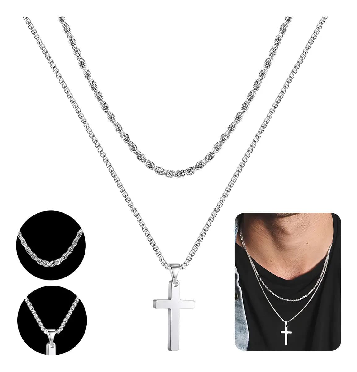 Set de Collares con Cruz y Cadena para Hombre de Acero Inoxidable Plateado