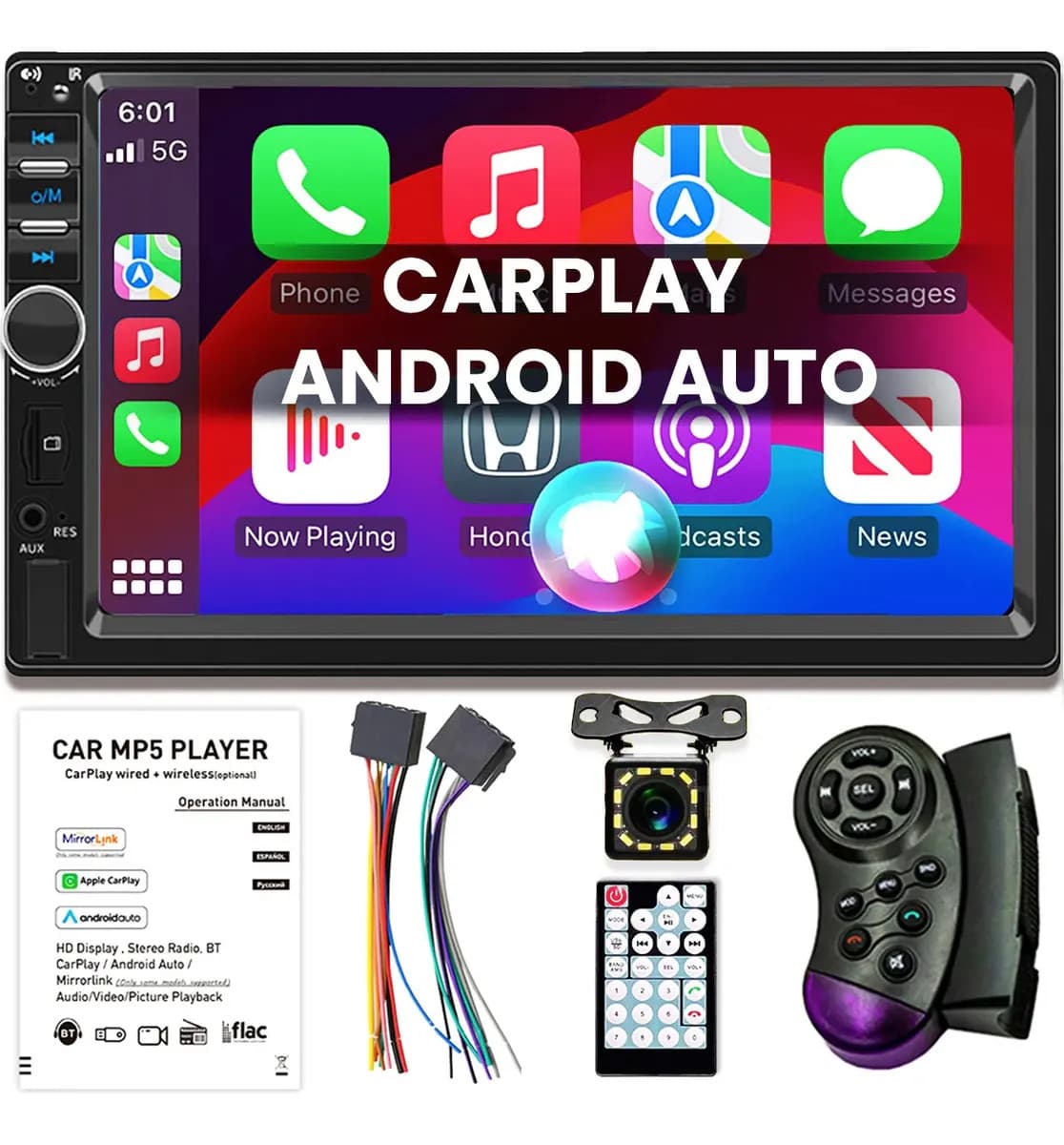 Autoestéreo Pantalla para auto Land Cast IPS Hd Pantalla táctil 7'' Bluetooth Estéreo 2din USB ，AUX，RCA Con Inalámbrico Carplay Y Android Auto Estéreo