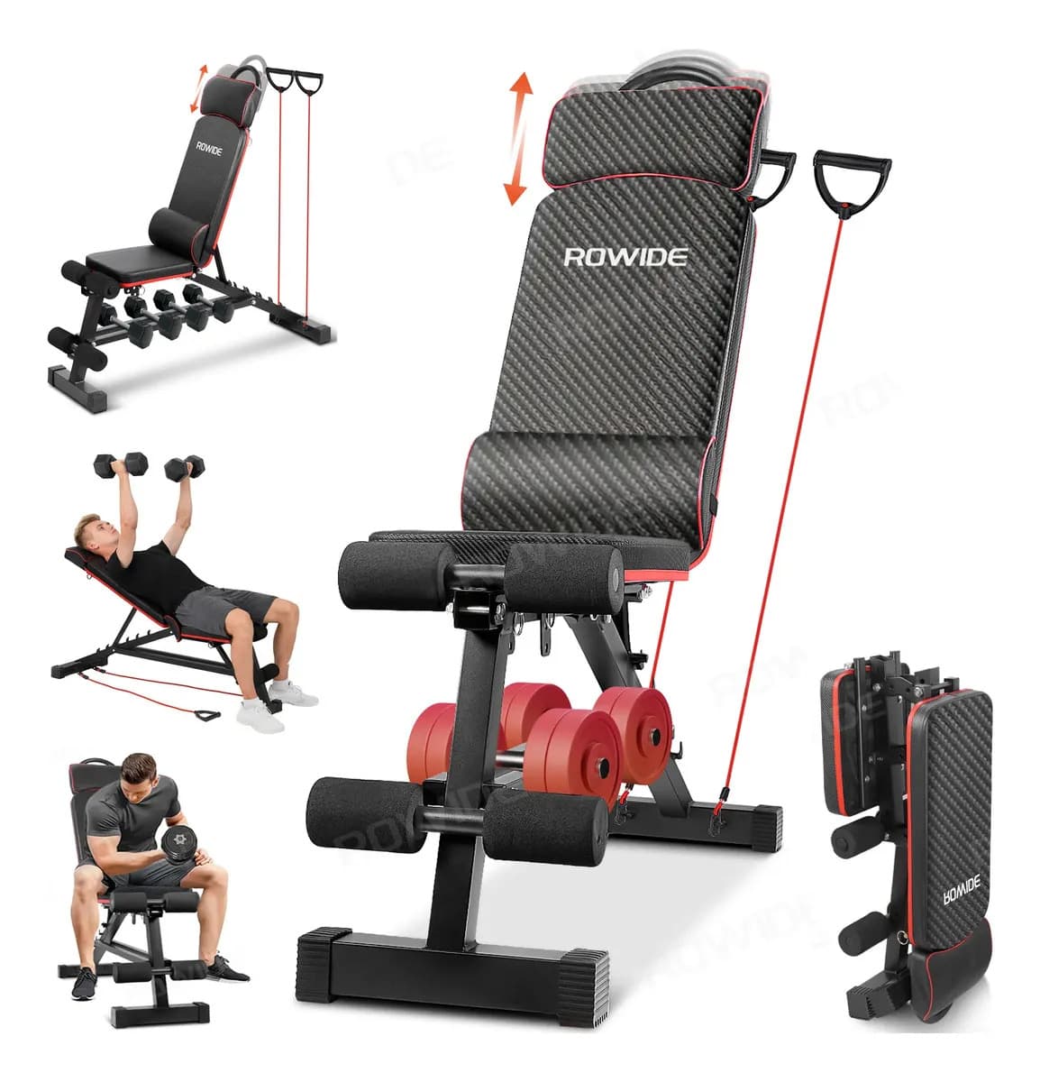 Banco de Pesas ROWIDE Ajustable Plegable con 6 Posiciones, Para Gimnasio en Casa
