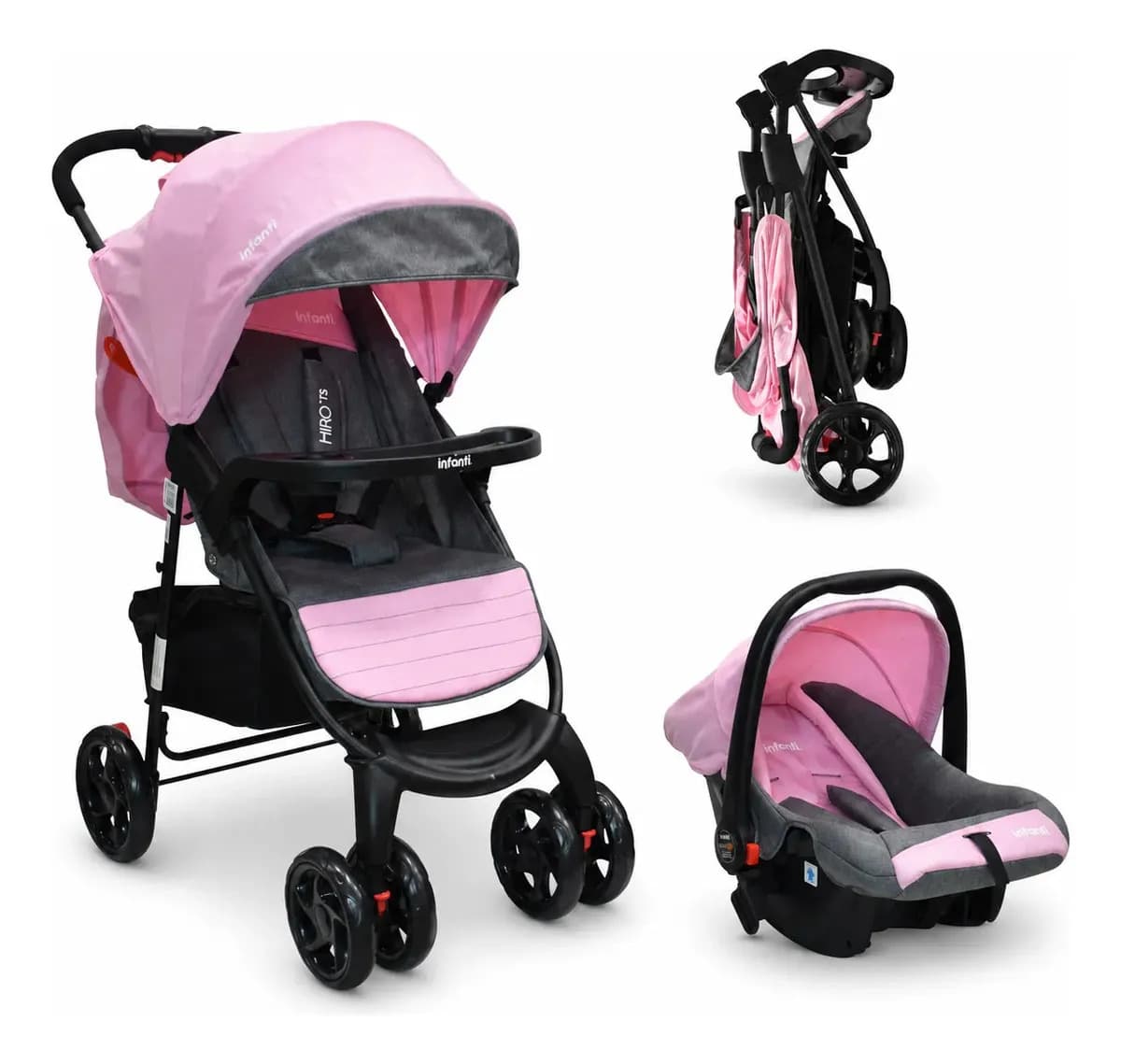 Carriola Travel System Hiro TS Rosa Con Portabebé, Plegado a una Mano, Arnés De 5 Puntos, Reclinaciones, Toldo Completo, Charola Con Portavasos y Frenos. Desde Recién Nacido. Hasta 15 kg, Infanti