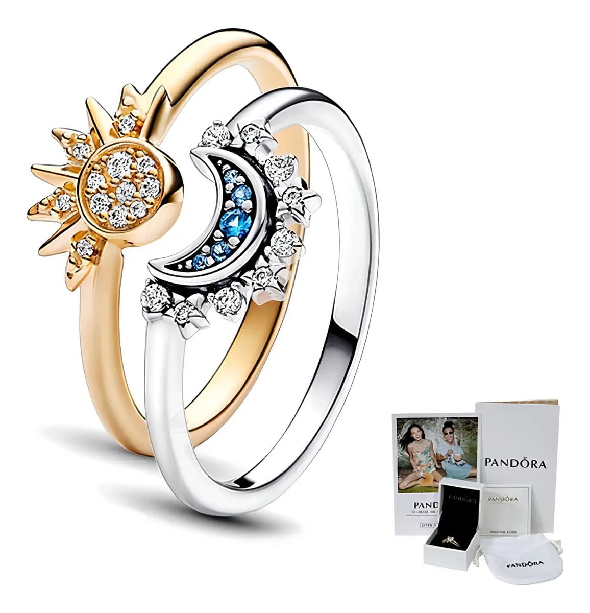 2pc Anillos Celestiales Apilables De Sol Y Luna Pandora Color Dorado+plateado Talla 8
