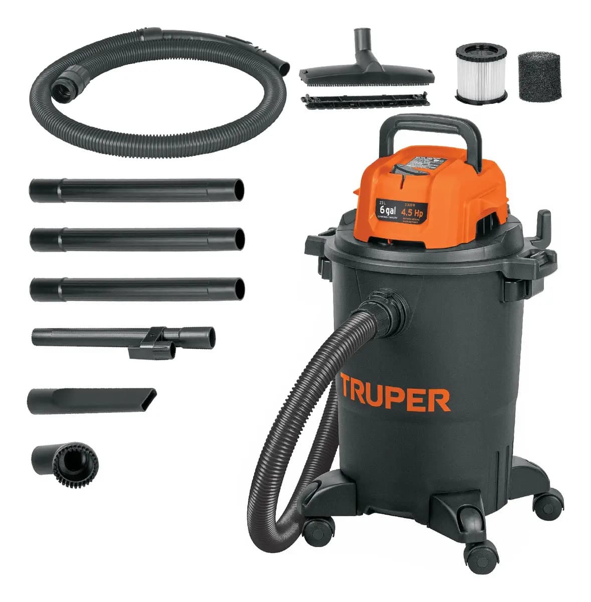 Aspiradora Truper Seco Mojado 6 Gal 4.5 HP 127 V 60 Hz Filtro HEPA Accesorios Incluidos Ideal para limpieza en casa, taller, carro, sólidos y líquidos ASP-06N Negro