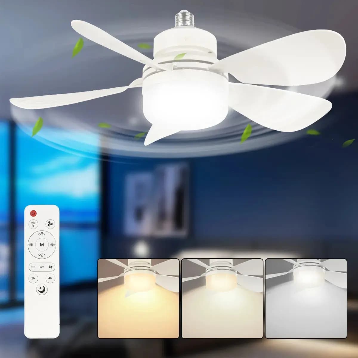 Ventilador De Techo Con Control Remoto Luz Led 42cm E26 E27 base de tornillo regulable 3 velocidad ajustable Cronometrado Silencioso blanco