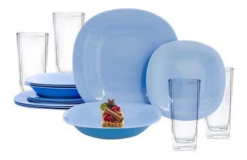 Vajilla Moderna Cuadrada Opal Y Vasos Vidrio 6 Personas 24pz Color Azul