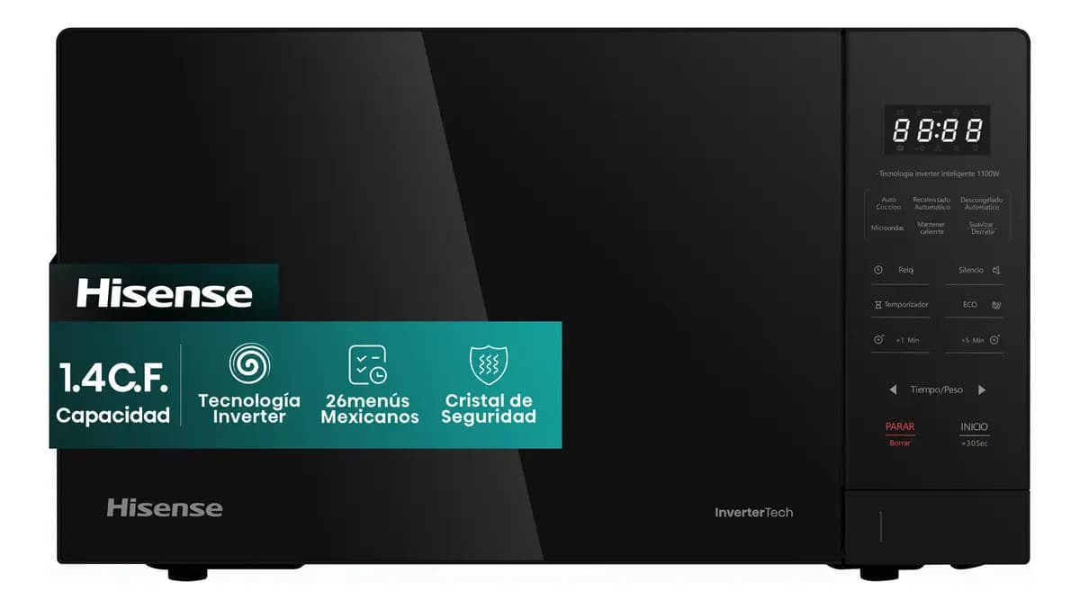 Hisense 1.4 C.F. Capacidad, Tecnología Inverter, 26menús mexicanos preestablecidos, Revestimiento Cerámico, ECO y Mute Cocina Inteligente, 10 Niveles De Potencia, Espejo Negro, HMMS3411BMV