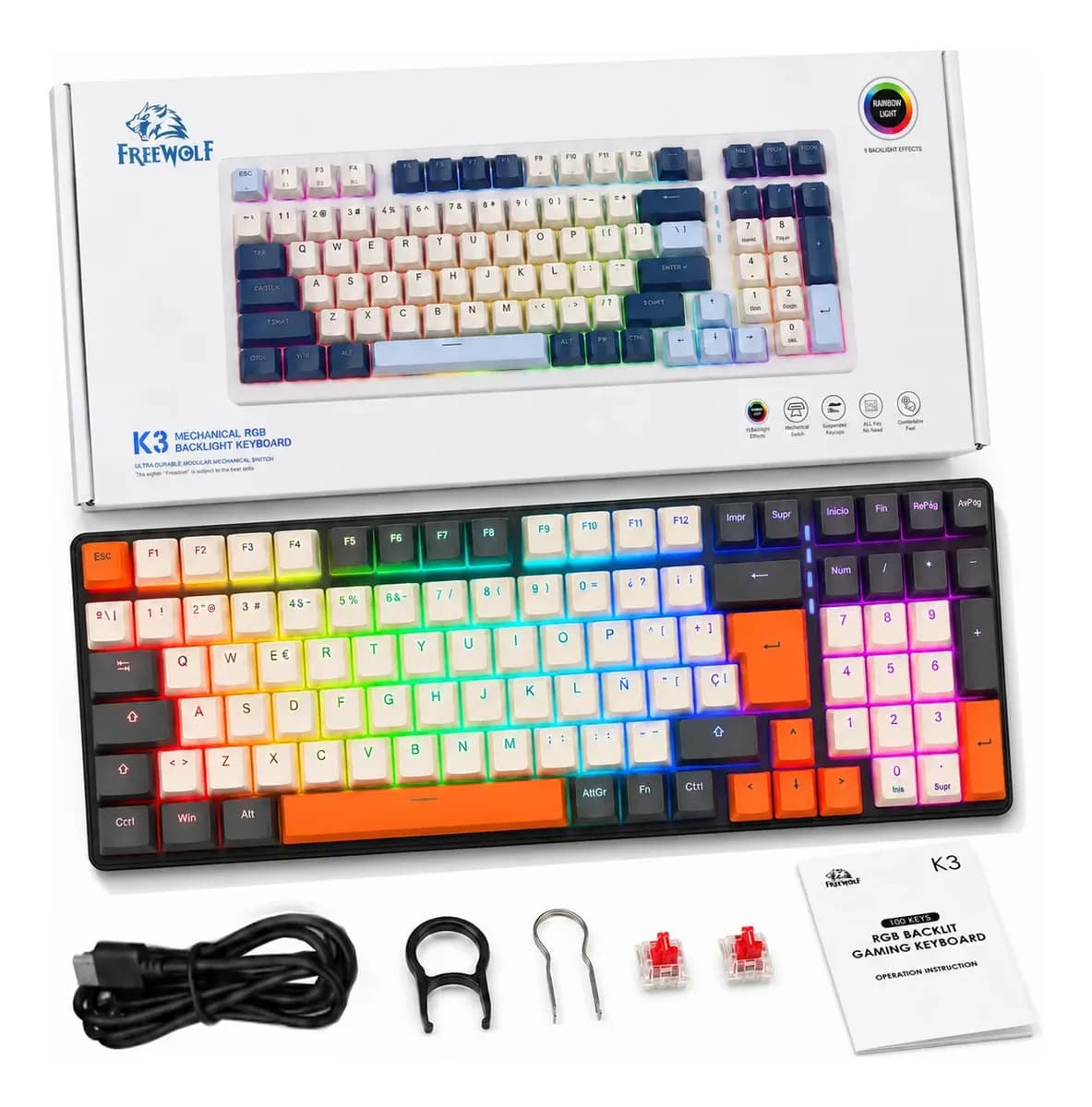 Teclado Mecánico Gamer Español con Ñ 100 Teclas RGB Hot Swap Free Wolf K3 Teclado USB Switch Rojo Teclado Alambrico para Gaming y Escritura, Gris