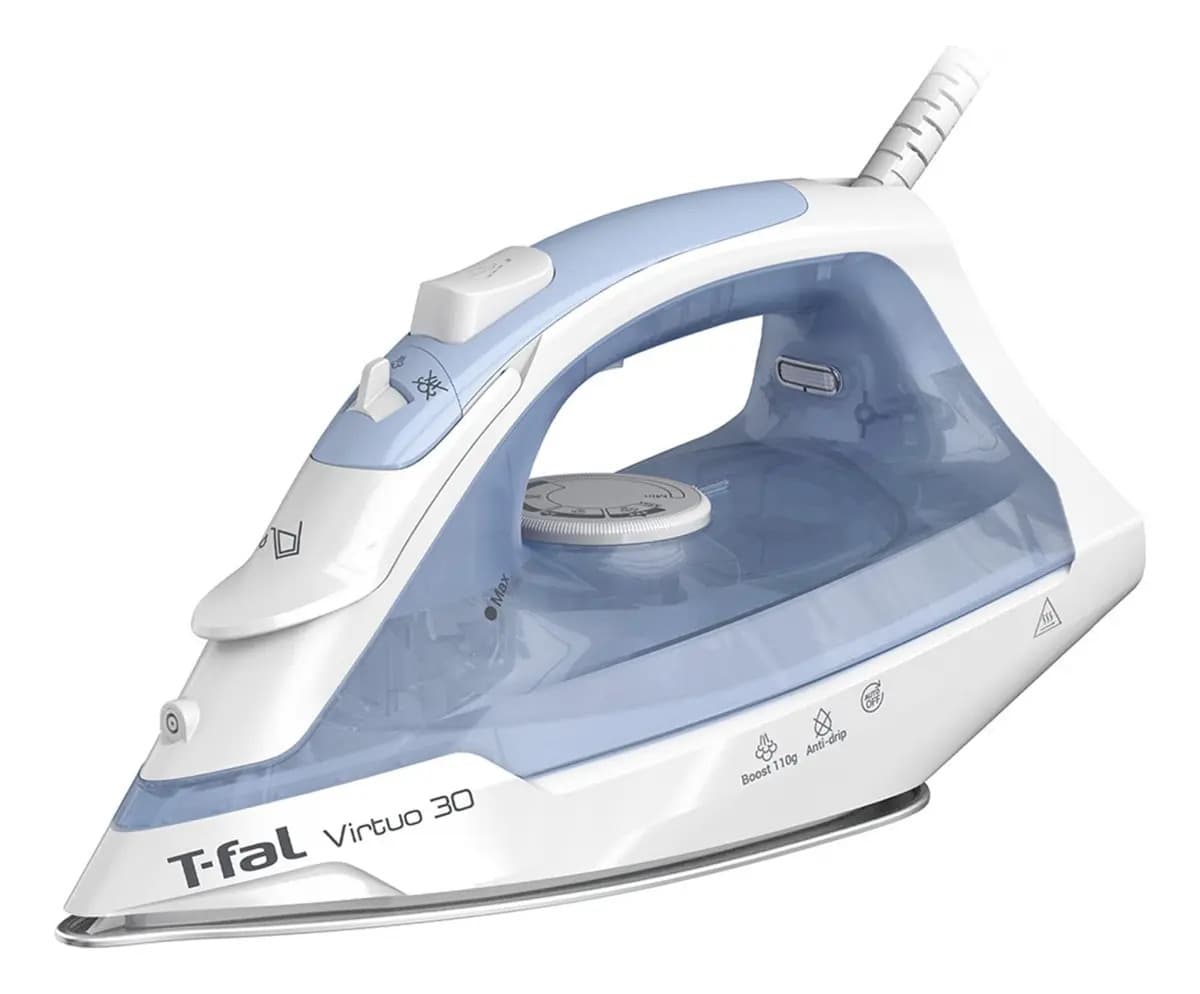 Plancha De Vapor T-fal, Plancha para ropa Virtuo 30 con Suela Cerámica XL, color Blanco/azu Fv2c61u0