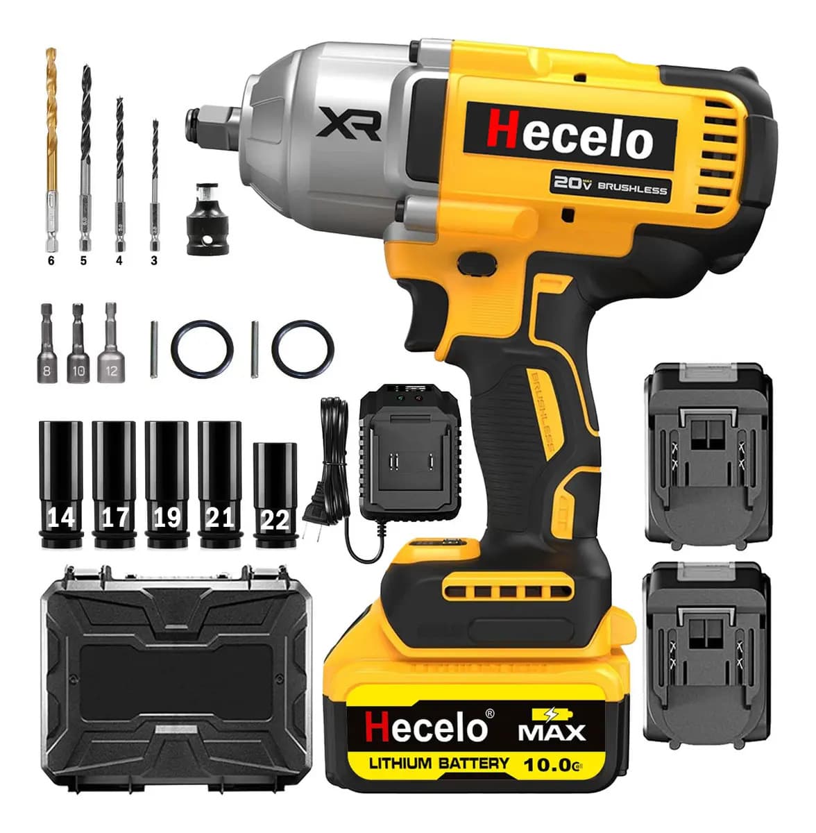 Hecelo Llave De Impacto Alto Torque 2 Batteries 1/2 Great Capacity | ¡incluye Kit De Enchufes De Regalo Y Maletín Plástico