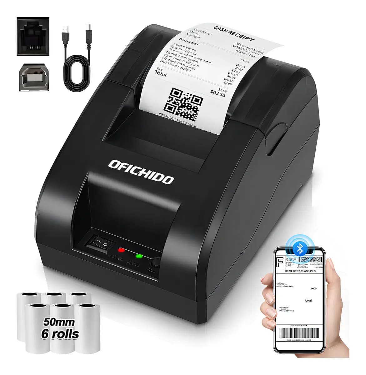 Impresora Térmica Tickets De 58mm Con Bluetooth Y Puerto Usb + 6 Rollos Papel Termico De 58 Mm, Impresora Portatil Bluetooth Nergo