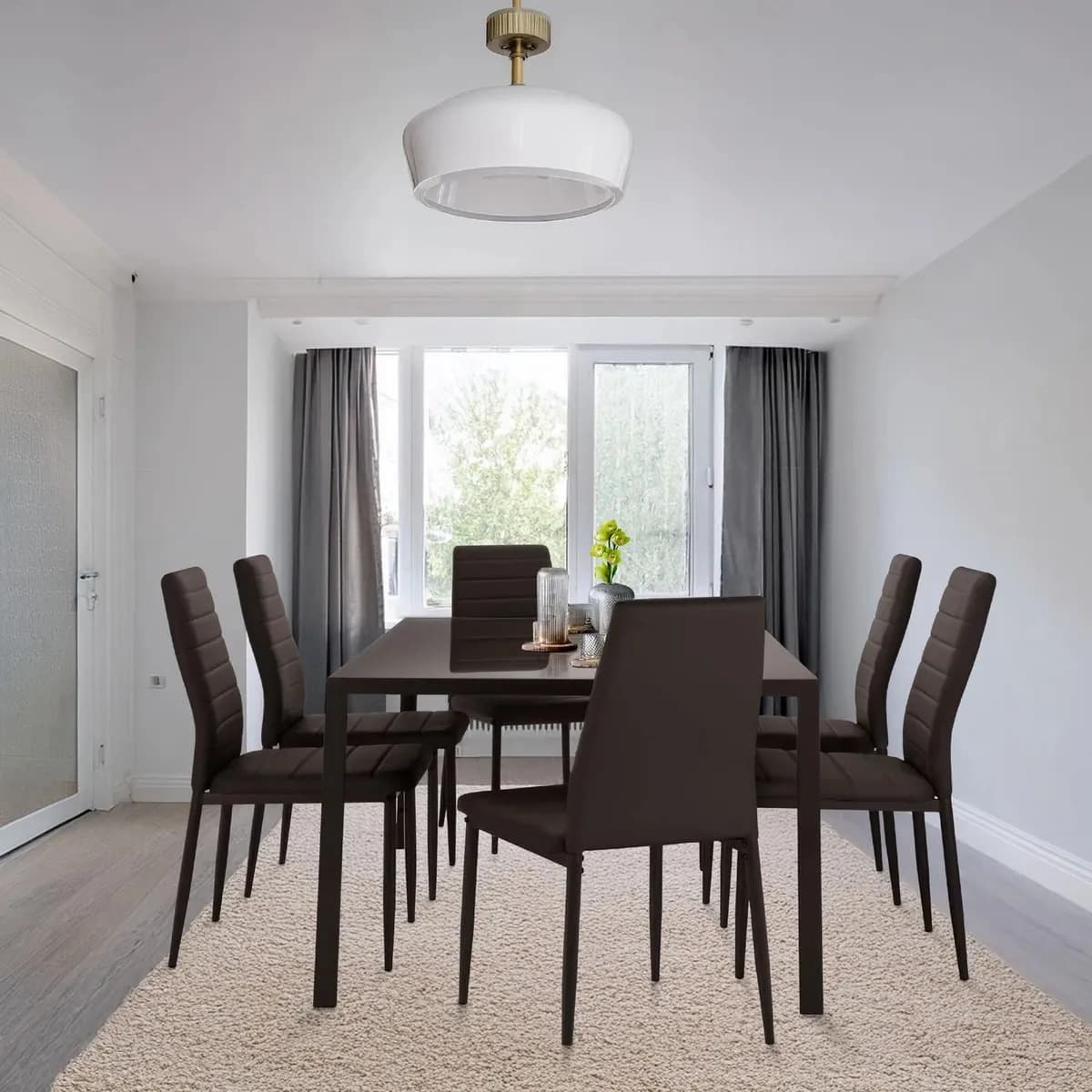 Juego Comedor 6 Sillas Con Mesa De Vidrio Templado Rectangular Estructura Metálica Para 6 Personas Moderno Color Marrón Kingshouse