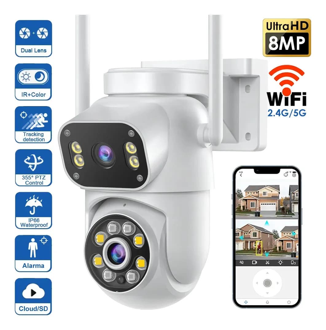 Cámara Vigilancia Exterior MVPsmart DQ8 360° PTZ WiFi 8MP Full HD-Alarma Sonora/Luz, Detección Movimiento,Visión Nocturna IP66, 10X Zoom,2 Vías Audio, SD/Almacenamiento Nube