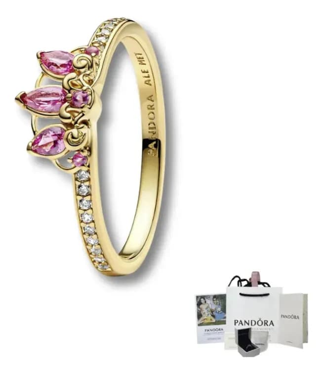 Anillo Pandora Promesa Princesa Disney Rapunzel Bella Dorado Color Rosa Talla 6