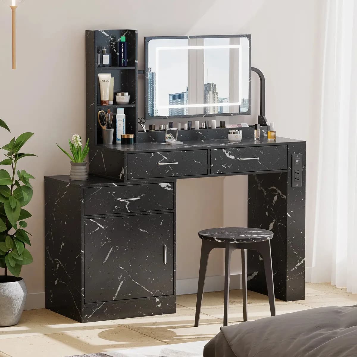 Tocador Multifuncional Gran Tocador con espejo y cajón Recamara KIXTLA Equipado con regleta eléctrica y gabinete móvil de gran capacidad 118*40*120cm Tablero de mármol negro de alta calidad