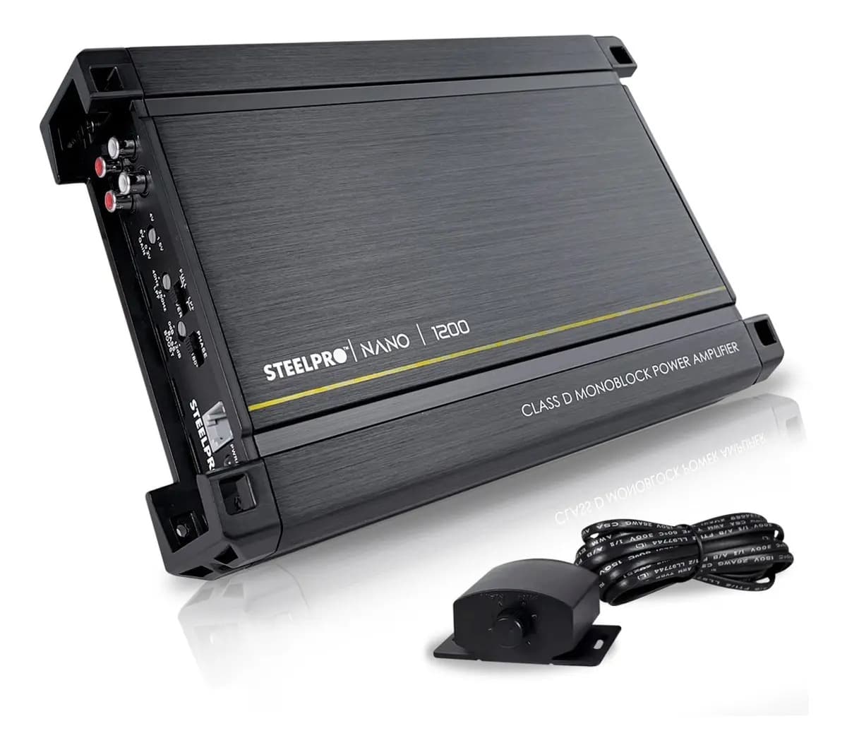 Amplificador Nano1200 Steelpro para Subwoofer Monoblock Bass 2 Ohm estable Alto Rendimiento Open Show, Crossover LPF/FULL, Bass Boost 12 dB, Fase Variable, Control de Bajos