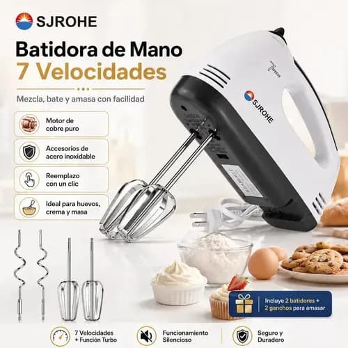 Sjrohe Batidora de Mano Mezclador Electrico 7 Velocidades 260w Poderosa Potencia Disipación de Calor Mezcla Fácil Reemplazo Motor Mudo de Cobre Silencioso Cómodo Planno y de Gancho