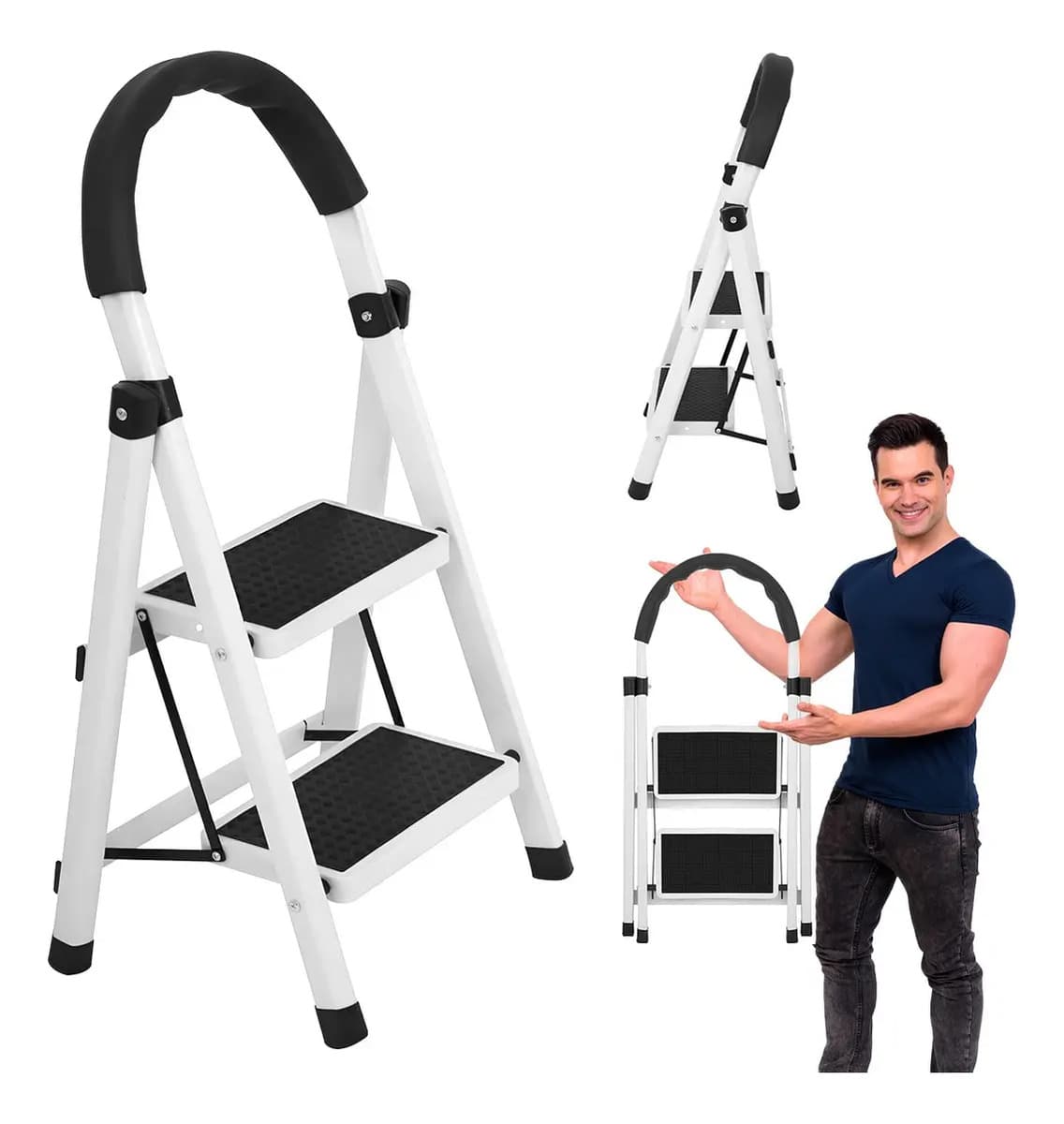 Escalera de acero inoxidable tipo tijera plegable 2 peldaños color blanco y negro Raganet HG106