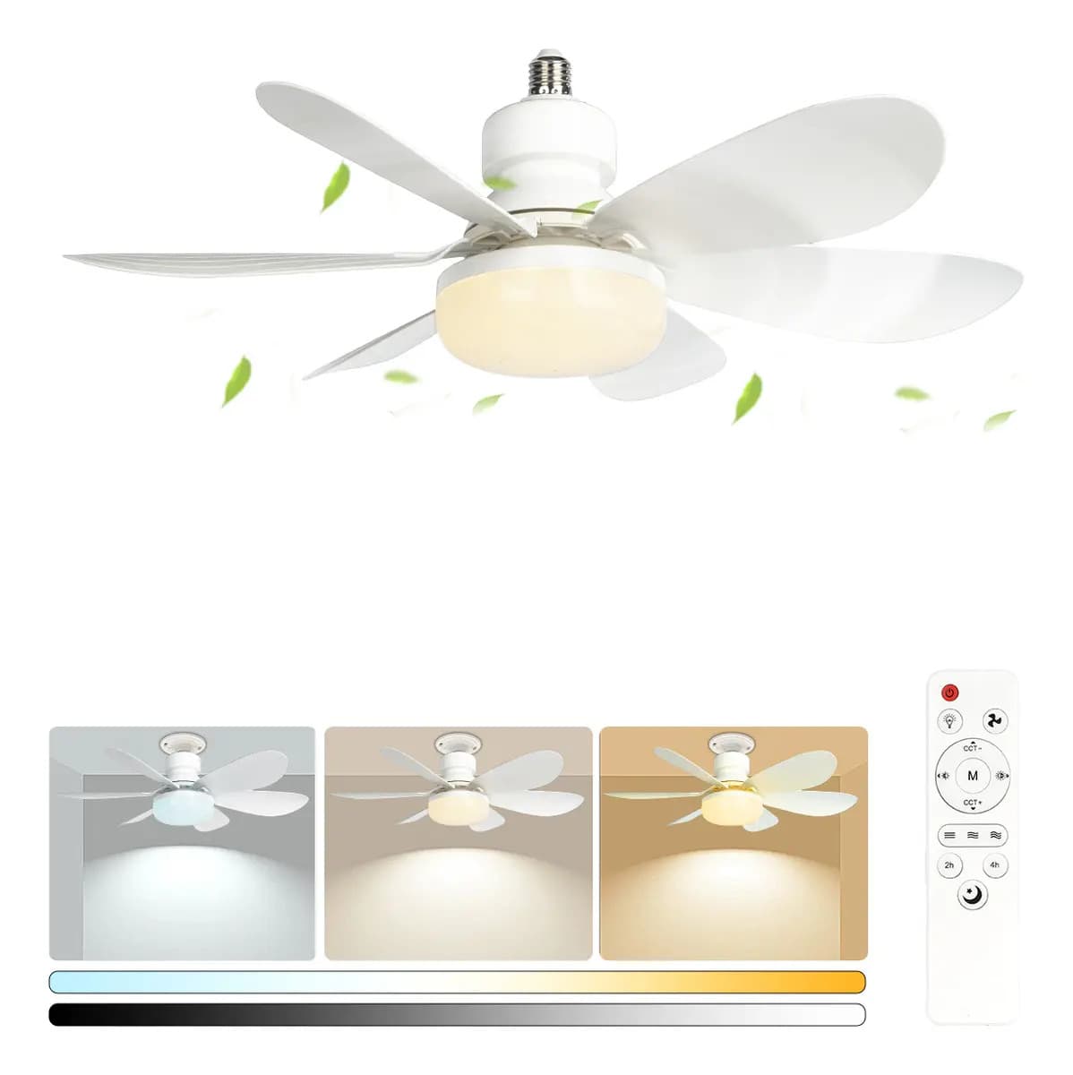 DGO Ventilador de Techo Silencioso 52cm Con Luz lampara LED Control Remoto 3 Velocidades E26 E27 Base Temperatura de color ajustable