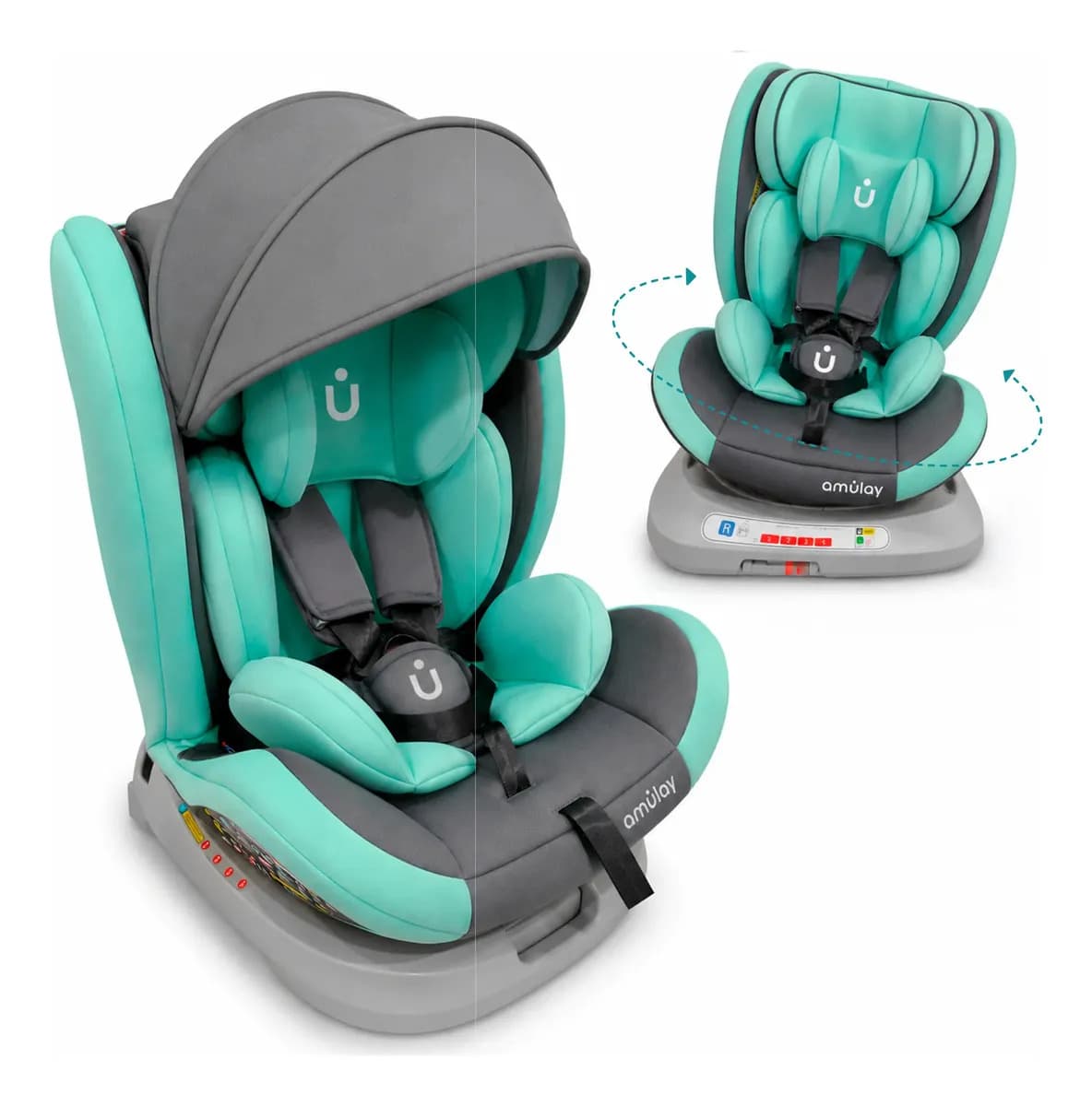 Autoasiento Bebé 360 Seguridad Isofix Extra Comfort Marca Amulay Modelo Kudu Color Verde y Gris
