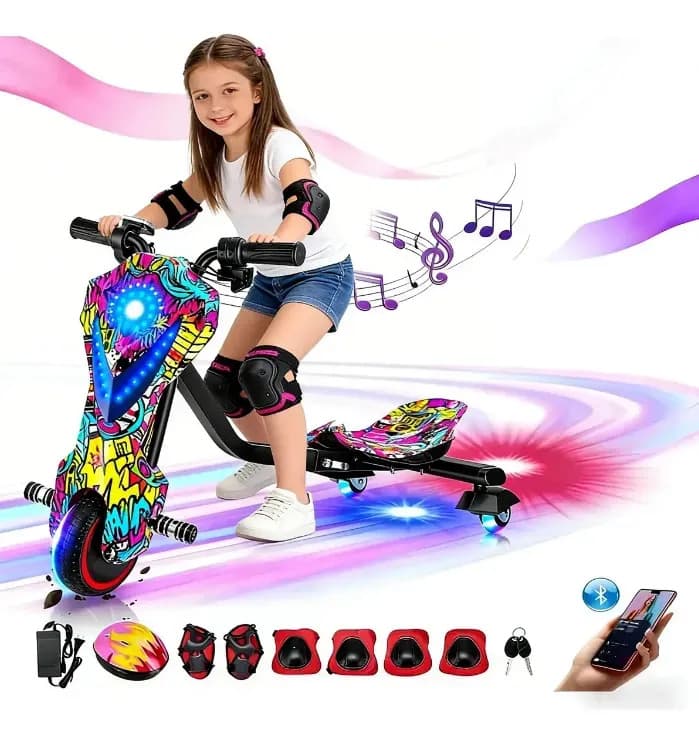 Ash Ya Scooter Eléctrico Plegable 3 Velocidades Con Bluetooth, Luz Led Y Pantalla Led - Deriva De Tres Ruedas Para Adultos Y Adolescentes, Música Y Luces Al Ritmo, Diseño Portátil Para Viajes Y Ciudad