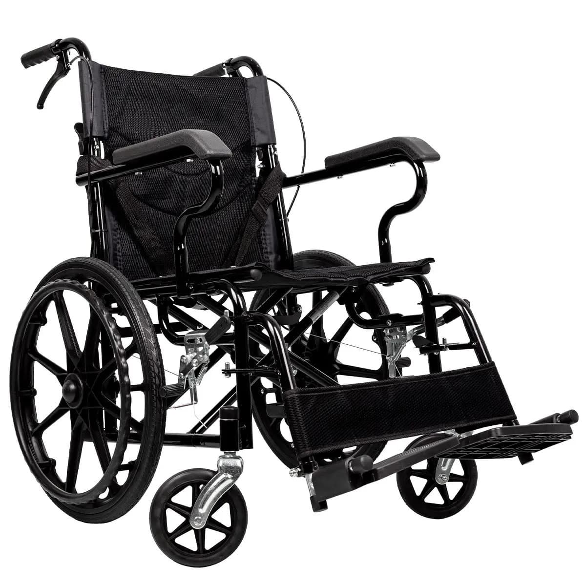 Silla De Ruedas Traslado Ergonomica Con Brazos Fijos Descansapies Desmontables Y Facil Manejo En Espacios Reducidos Color Negro