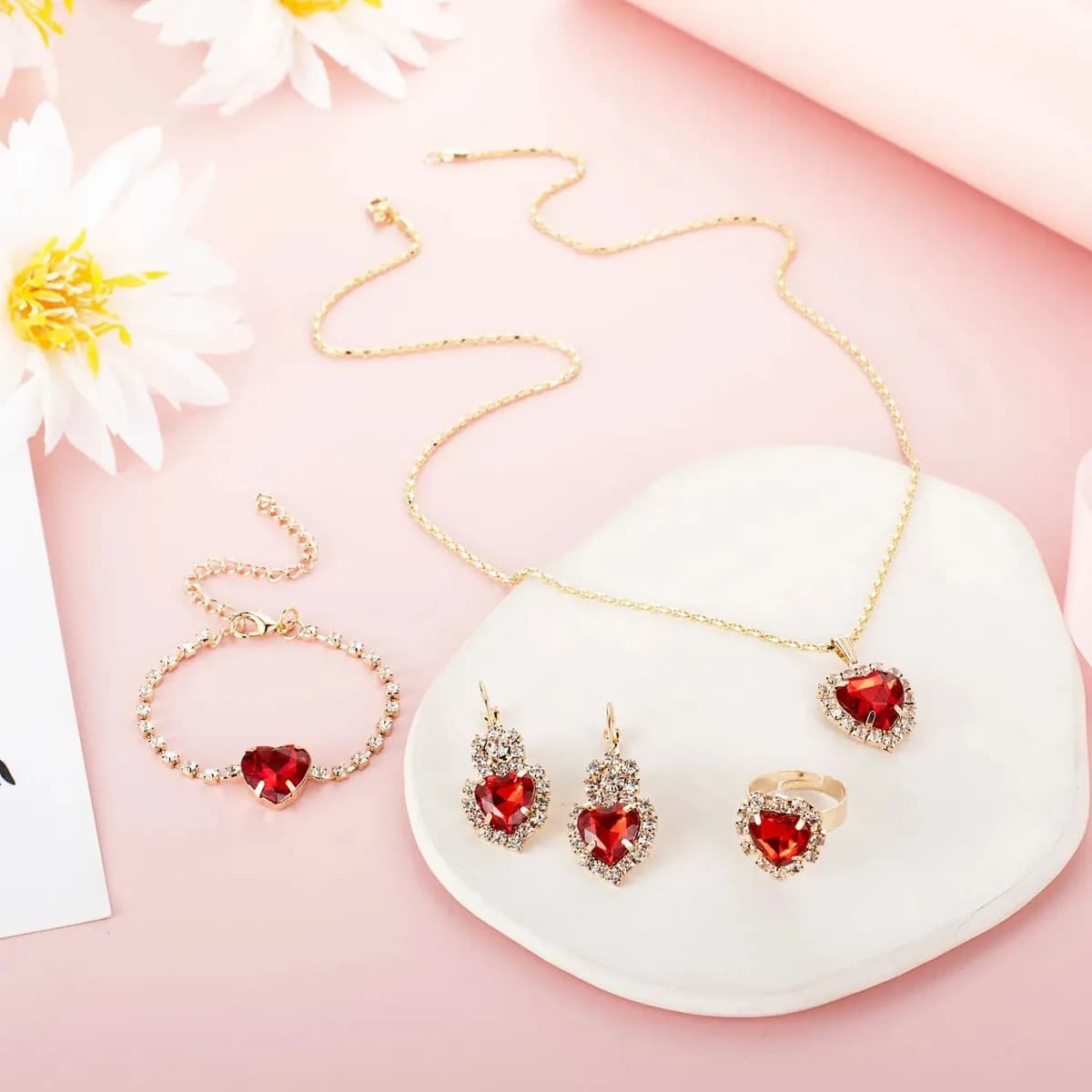 Juego De Joyeria Mujer Corazon Collar Aretes Pulsera Anillo Con Caja De Regalo Collar Corazon Dorado Regalos Para Mujeres - Rojo