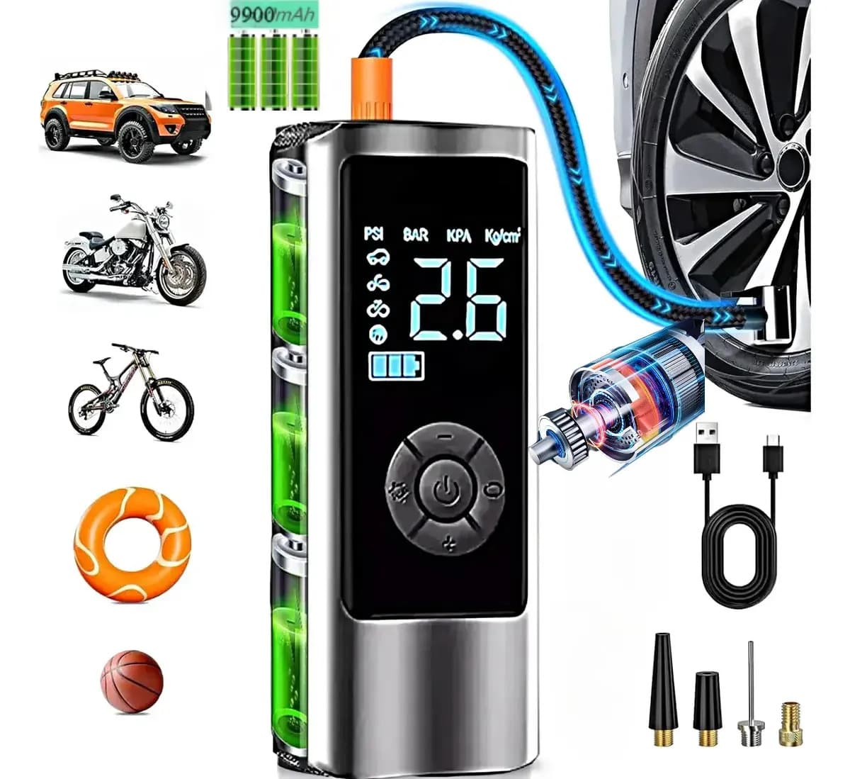Compresor de Aire Portátil Inalámbrico Manzanoshop para Auto y Moto con Display Digital 150 PSI