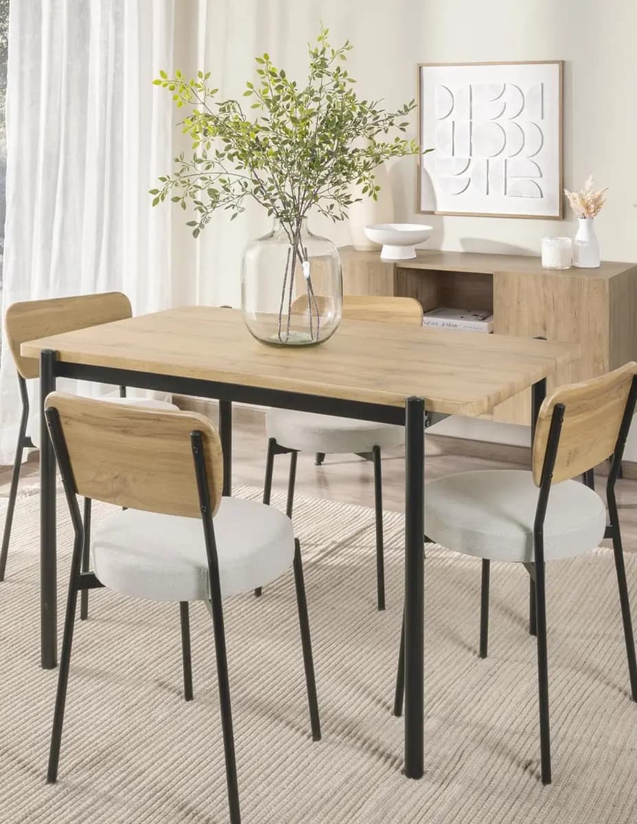Comedor Rectangular 4 Sillas Mdf/metal Moderno Minimalista Natural Liso