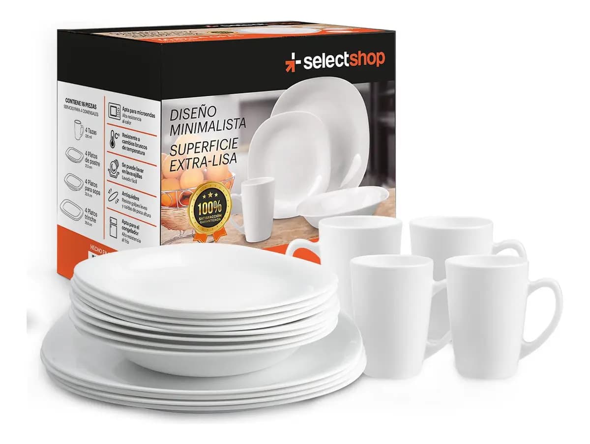 Vajilla Moderna Cuadrada De Opal Resistente 4 Personas 16pzs Color Blanco