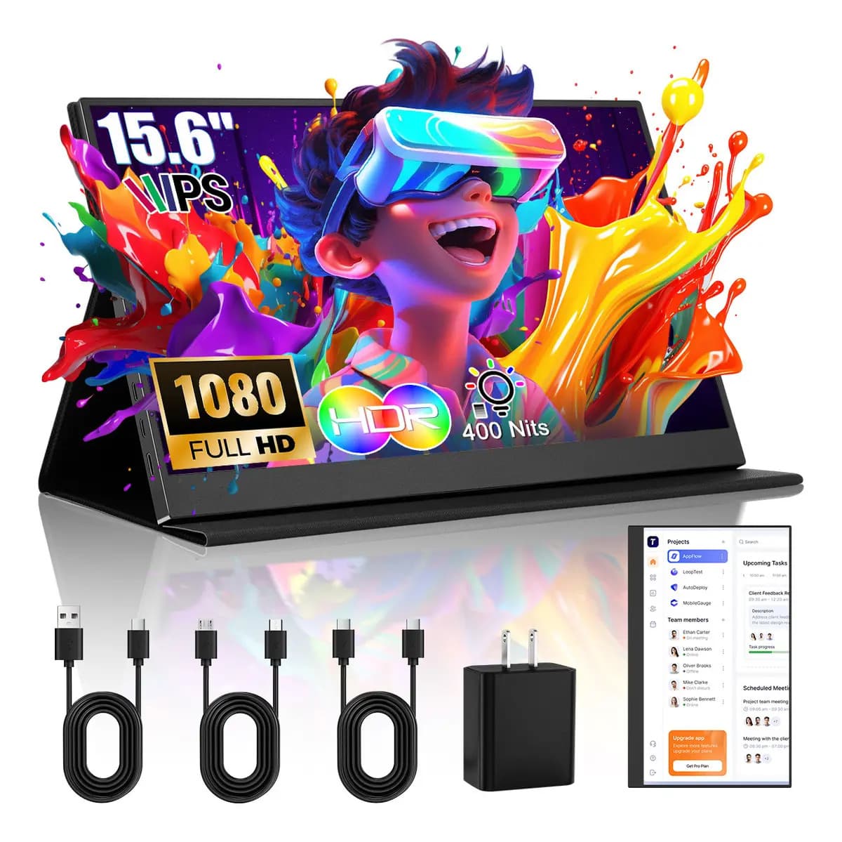 Monitor Portátil 15.6" Pantalla Computadora 2026 Ips 1080p Full Hd 100% SRGB HDR 400 Nits Monitores Gamer Con Hdmi/usb-c/conector Audio, Funda Y Altavoces Duales Monitor Para Pc/phone/mac/xbox/switch