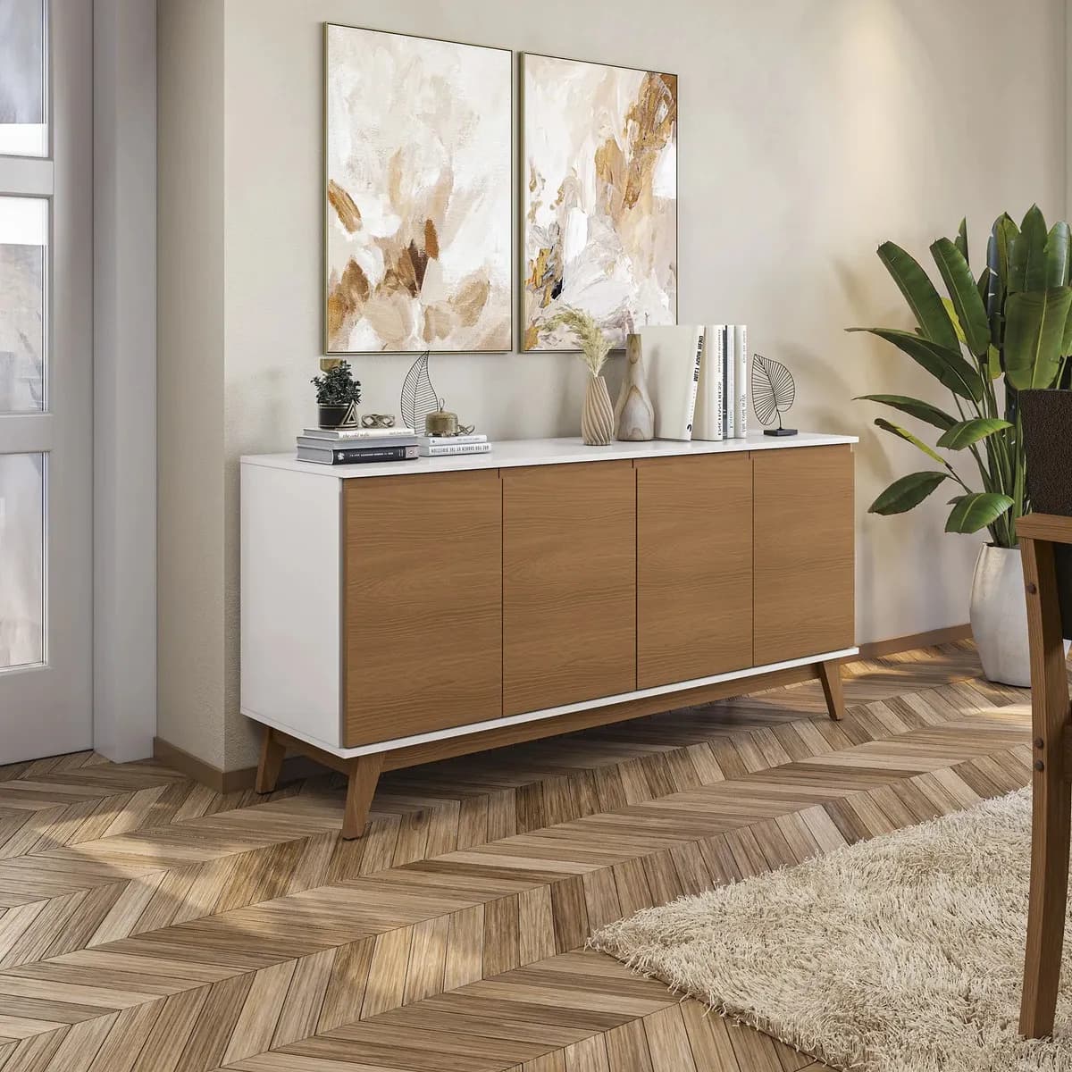 Aparador Bufetero Credenza Kappesberg 156cm 4 Puertas Color Blanco/Canela
