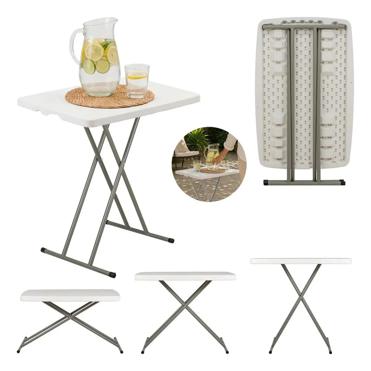 Mesa Plegable Plástico Resistente Portátil Altura Ajustable Exterior Interior Servicio 75 X 50cm SelectShop Color Blanco