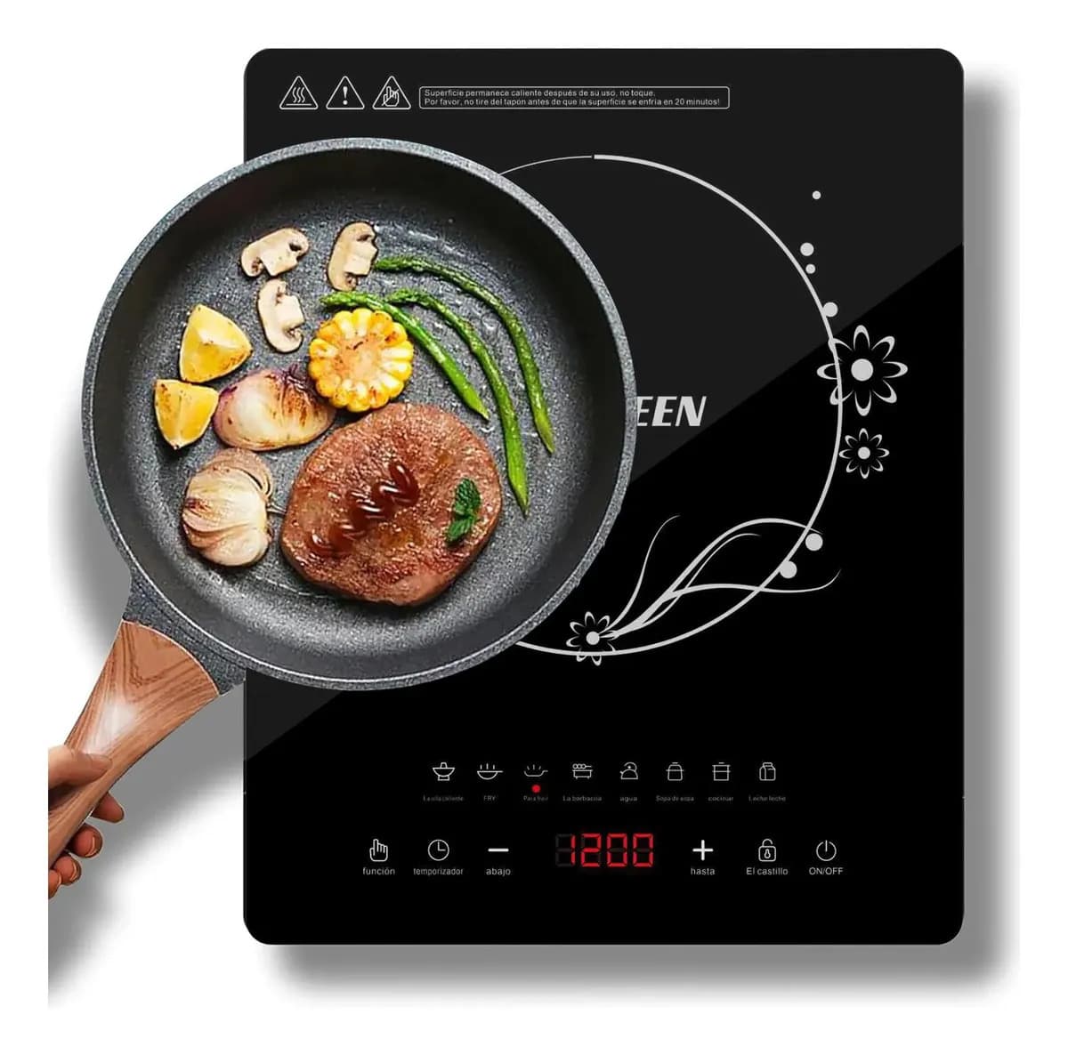 Parrilla eléctrica de inducción magnética con placa vitrocerámica duradera, 8 modos de cocción, 1200W, temporizador LED, Estufa De Mesa Moderna XIUDEEN Negra
