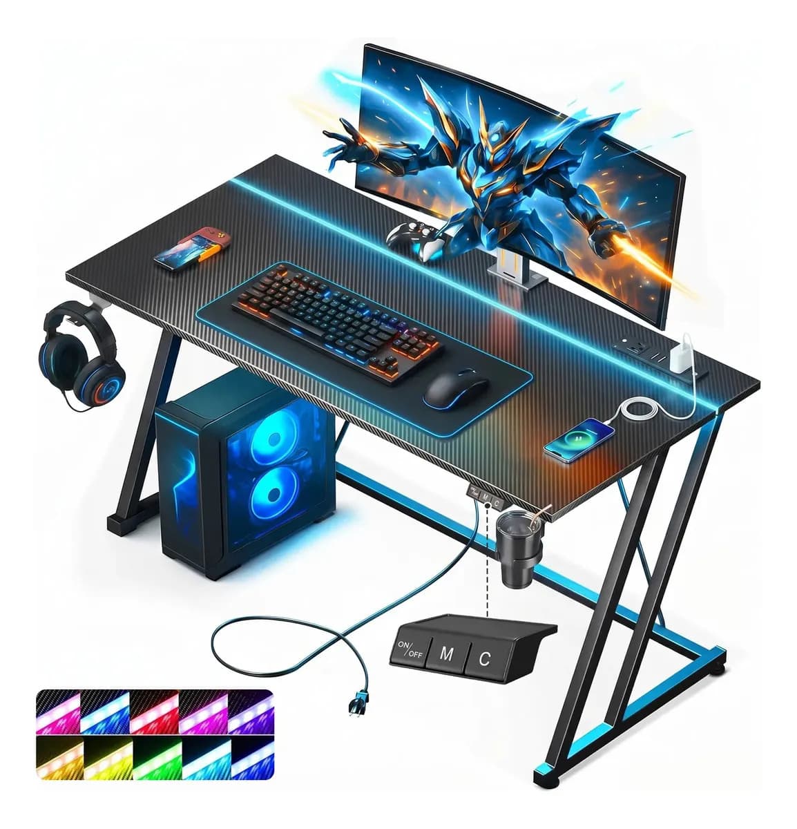Furrifric Escritorio Gamer Ajustable Rgb Led 100x50cm Base Z Estable Con 2 Enchufes + 2 Usb, Portavasos Y Soporte Auriculares | Mesa Pc Gaming