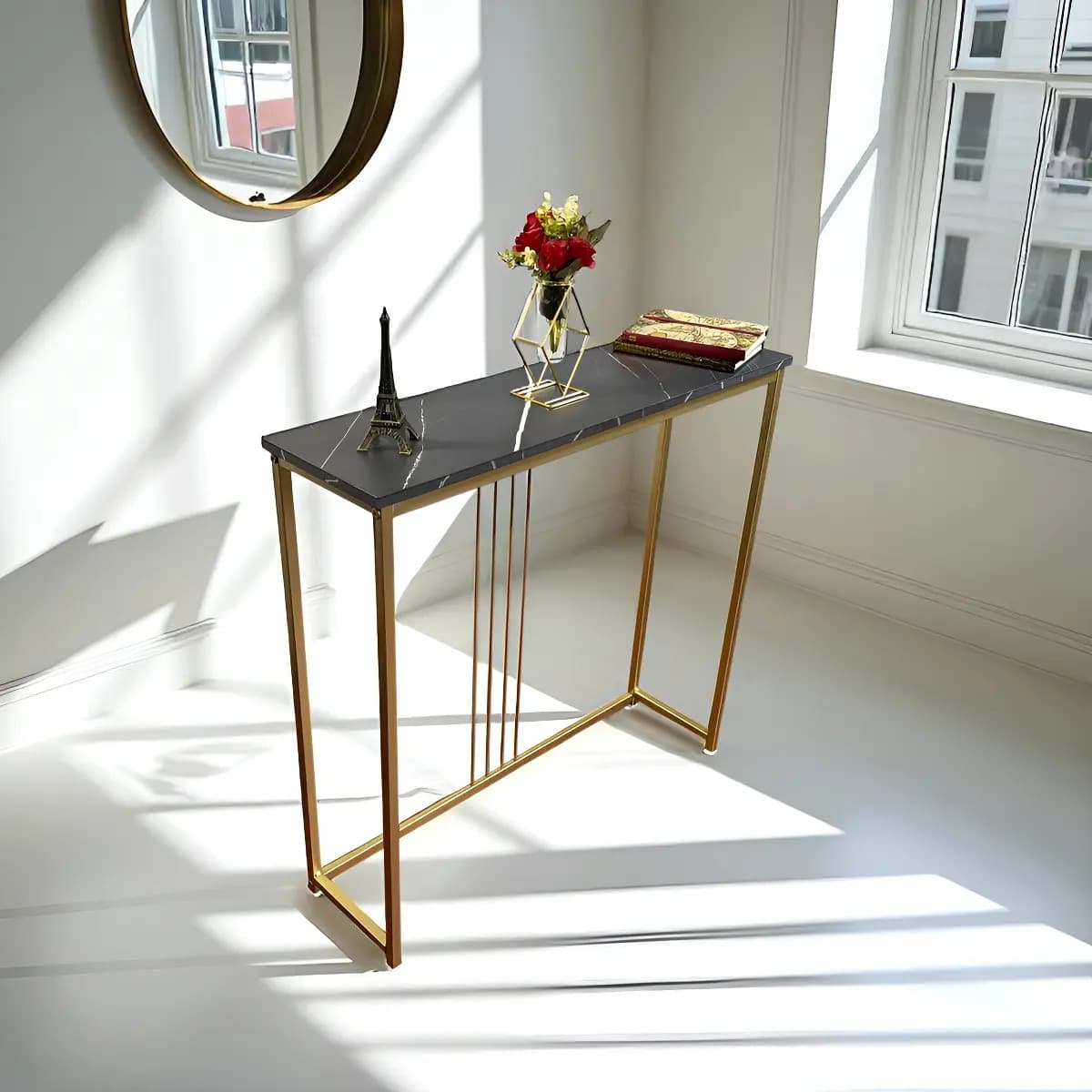 Credenza Minimalista Modurac Mesa Auxiliar Dorado Mármol Negro 90x25x85cm
