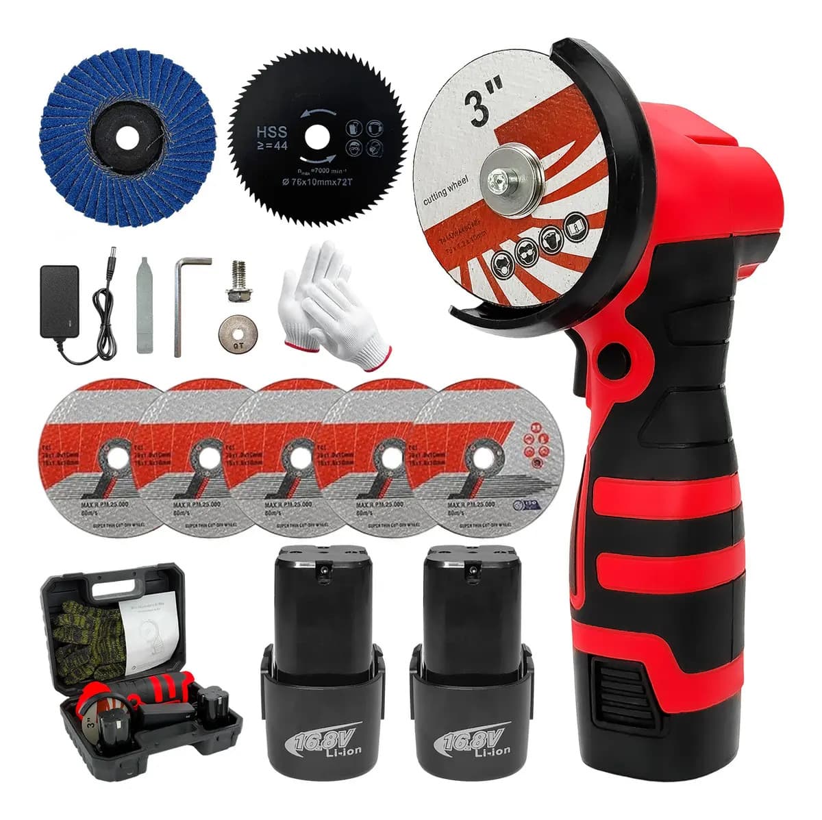 Kit de amoladora angular inalámbrica, mini amoladora angular eléctrica de 28000rpm con 2 baterías de 16,8 V 7 discos de corte, corta metal, madera, baldosas y desbasta desde el primer día