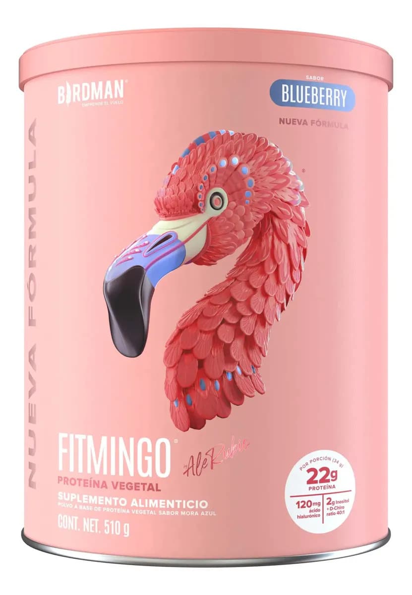 Birdman Fitmingo Proteína Vegana en Polvo | con Inositol, Ácido Hialurónico y Potenciadores de Colágeno | Para Mujer | Sin Lactosa | Blueberry | 510g