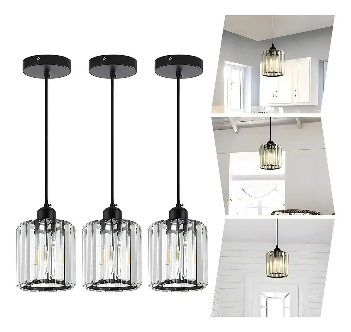 Lámpara Colgante Techo Cristal Moderna Decorativas 3 Piezas Estructura Ronda negra