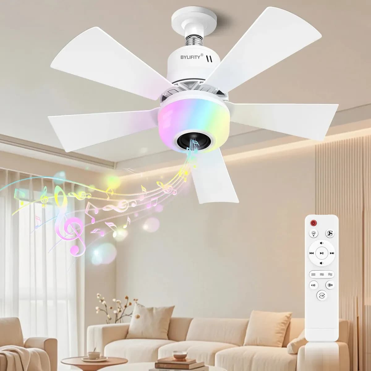 Bylifity Lámparas De Ventilador Y Altavoces Bluetooth, 40cm Ventilador De Luz Apto Para E26/e27, Con Mando A Distancia , 3 Colores, 3 Modos Rgb Para Dormitorio, Salón, Estudio, Comedor4