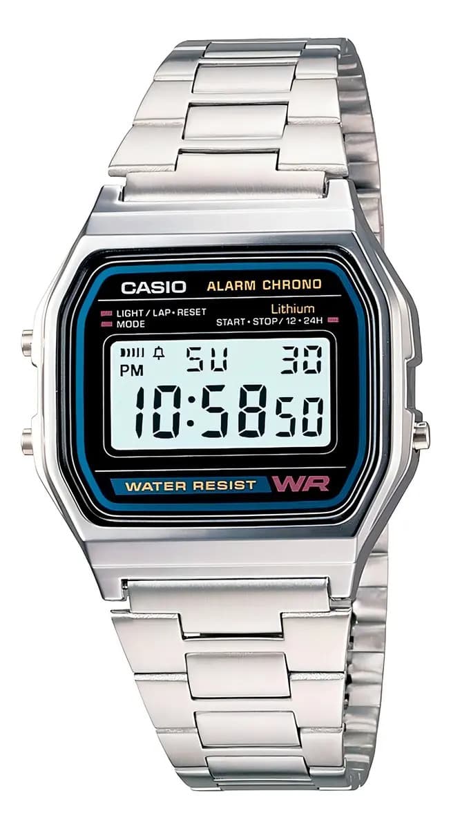Reloj pulsera digital Casio A158 con correa de acero inoxidable color plateado - fondo gris/negro