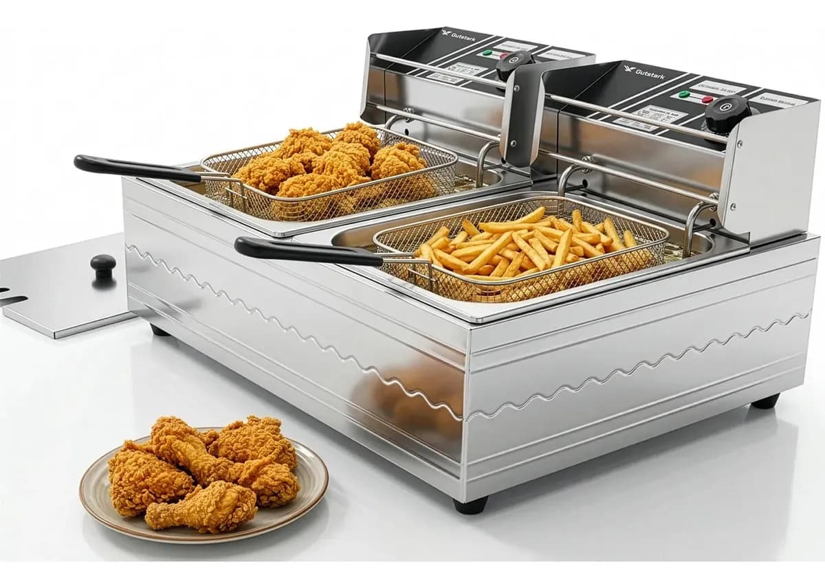 Freidora Aceite 12 Litros Eléctrica 1600W Acero Inoxidable Doble Canasta Temperatura Ajustable 60 A 200 Grados Uso Industrial Comercial Para Papas Pollo Alitas Snacks Cocina Restaurante Negocio