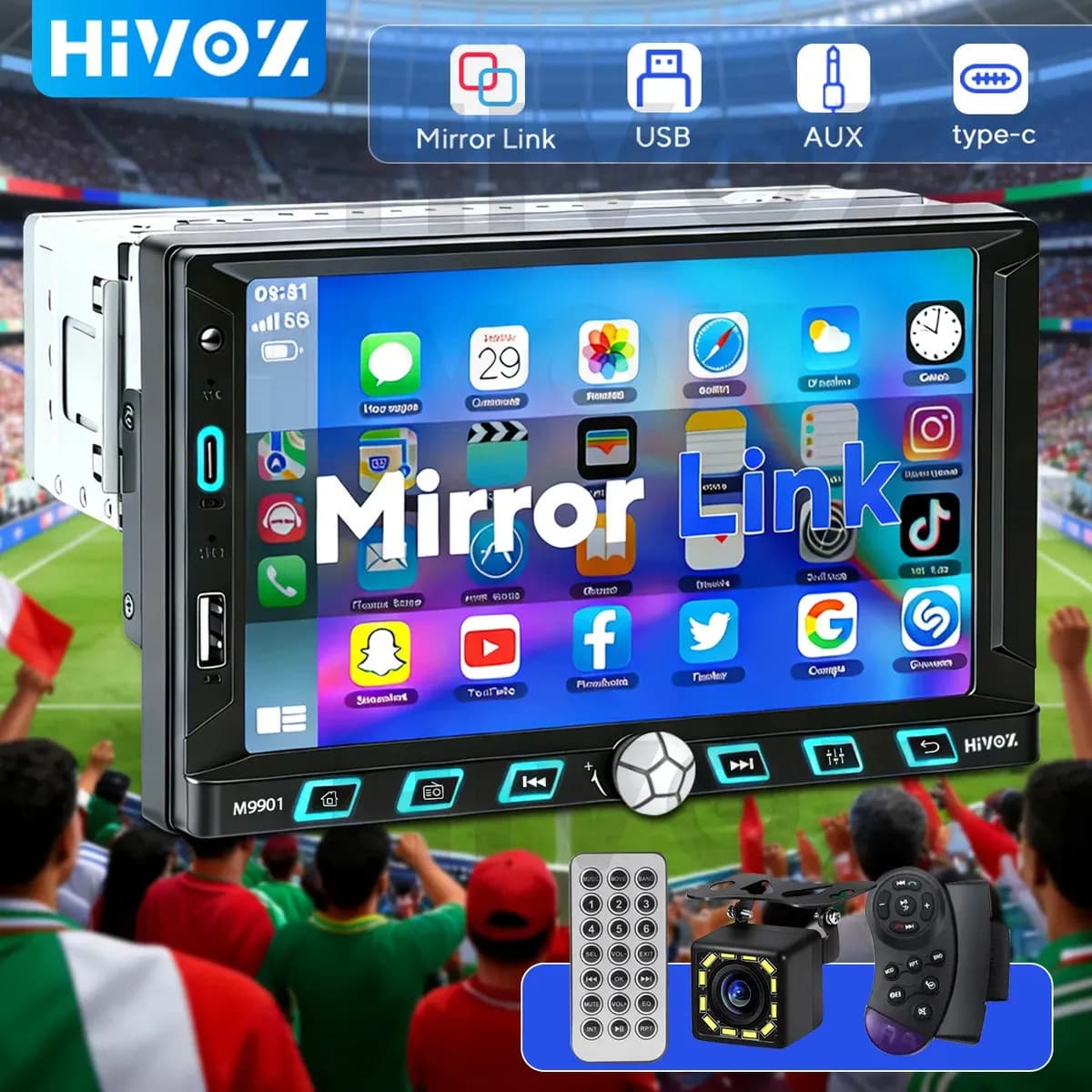 Estéreo C opa Del Mundo Hivoz M9901 1din 7 Pulgadas Mirrorlink Pantalla Táctil Y Cámara Autoestéreo Fm Usb 4x60w Bluetooth5.2 Dsp Negro Reproductor Multimedia 1024px X 600px