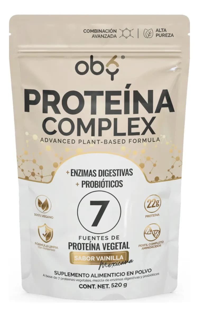 Proteina Complex Vainilla Mexicana | 7 Fuentes vegetales + Probioticos + Enzimas | Alta Absorción y Digestión Ligera Sin Lácteos | Perfil Aminoácidos BCAAs | Creatina | Vegana | Oby Vitaminas | Polvo