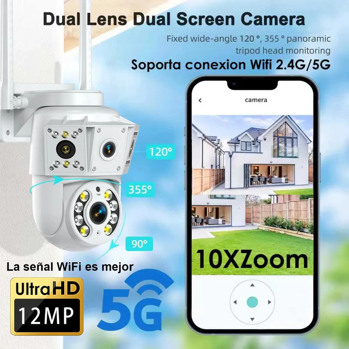 Cámara De Seguridad Exterior WiFi MVPSMART DQ8 Pro 12MP PTZ 360 Cámara De Vigilancia WiFi 5G Gran Angular 3 Vistas Full HD 10X Zoom Visión Nocturna Color IA Alarma Audio 2 Vías IP66 Nube Cámara IP DVR
