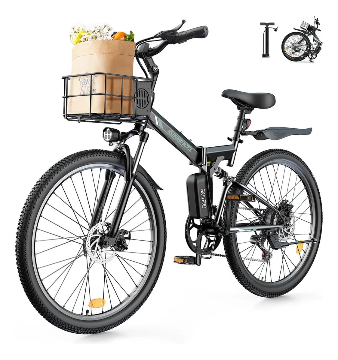 Bicicleta Eléctrica Plegable isinwheel M40 de 1000W y Rodado 26 con Cesta