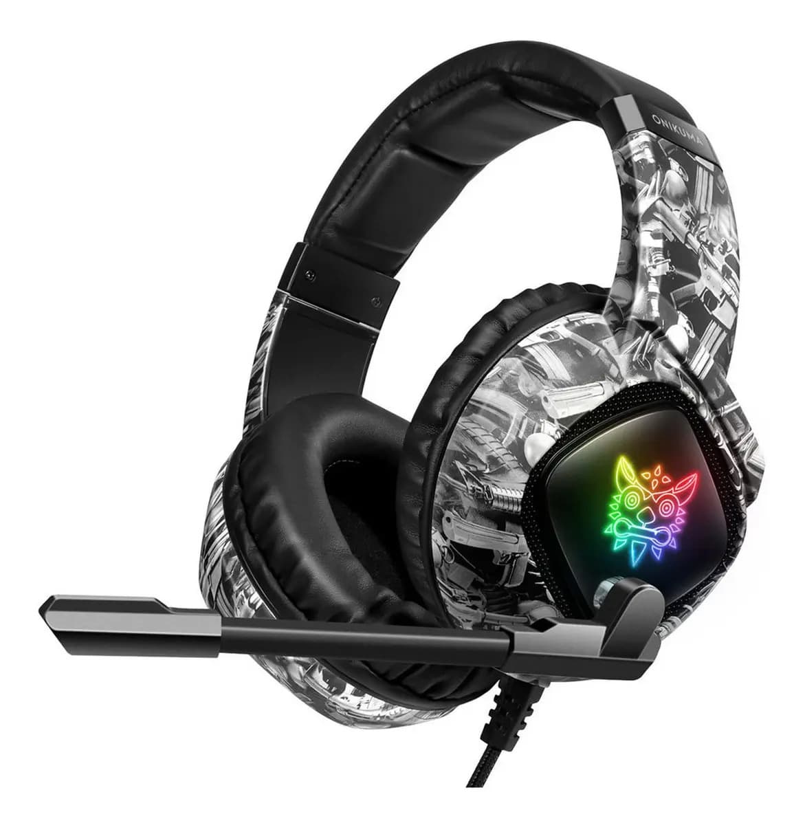 Audífonos Gamer Diadema Onikuma K19 camuflaje gris Gaming headset Con microfono Con luz rgb LED Para Xbox Ps4 Pc